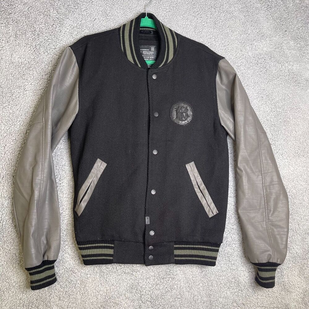 Krew Varsity Jacket Mens Large Button Up Black and Gray Button Front